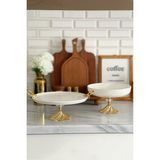 May Home Sofra Sunum Tepsi Tabak Seti 2'li Porselen Kulplu Metal Döküm Ayaklı 28 cm Çapında - Beyaz
