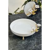 May Home Taban Ayaklı Çiçek Model Porselen Servis Sunum Kasesi - Beyaz