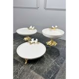 May Home White Butterfly 3'lü Porselen Sunum Servis Seti & Kand Ayaklı Kase Tabak - Beyaz