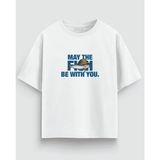 May The Fish Be With You Balıkçı Baskılı Oversize Beyaz Tişört %100 Pamuk - XL
