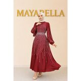 MayaBella Işlemeli Saten Tesettür Abiye - Bordo - 48