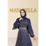 MayaBella Işlemeli Saten Tesettür Abiye - Lacivert - 44