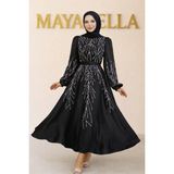 MayaBella Işlemeli Saten Tesettür Abiye - Siyah - 42