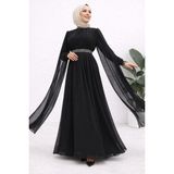 MayaBella Omuzları Pelerinli Taşlı Tesettür Abiye - Siyah - 44