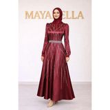 MayaBella Saten Kolları ve Önü Işlemeli Tesettür Abiye - Bordo - 44