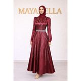MayaBella Saten Kolları ve Önü Işlemeli Tesettür Abiye - Bordo - 48