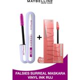 Maybelline Falsies Surreal Maskara + Super Stay Vinyl Ink 100 Charmed Likit Parlak Ruj