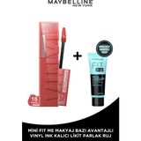 Maybelline New York 15 Peachy Renkli Uzun Süre Kalıcı Likit Parlak Ruj + Mini Fit Me Makyaj Bazı