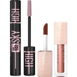Maybelline New York Lash Sensational Sky High Cosmic Black Maskara + Lifter Gloss Nemlendirici Dudak Parlatıcısı- 009 Topaz Makyaj Seti - 001 Brown