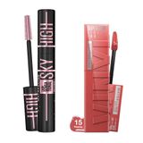 Maybelline New York Lash Sensational Sky High Cosmic Black Maskara + Super Stay Vinyl Ink Uzun Süre Kalıcı Likit Parlak Ruj 15 Peachy
