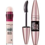 Maybelline New York Lash Sensational Yelpaze Etkili Intense Black Maskara - Ekstra Siyah & Instant Anti Age Eraser Kapatıcı - 03 Fair Makyaj Seti - 001 Brown