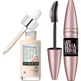 Maybelline New York Lash Sensational Yelpaze Etkili Intense Black Maskara - Ekstra Siyah & Super Stay Skin Tint Fondöten - 03 Makyaj Seti - 001 Brown