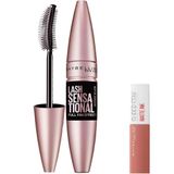 Maybelline New York Lash Sensational Yelpaze Etkili Intense Black Maskara Mini Super Stay Matte Ink Likit Mat Ruj 65 Seductress Makyaj Seti