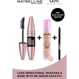 Maybelline New York Lash Sensational Yelpaze Etkili Intense Ekstra Siyah + Nyx Professional Makeup Bare With Me Concealer Serum - 02 Lıght + Mny Tat. Liner Gel Pencil Mini - Ultra Black