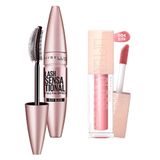 Maybelline New York Lash Sensational Yelpaze Etkili Siyah Maskara + Lifter Gloss Nemlendirici Dudak Parlatıcısı - 004 Silk Makyaj Seti