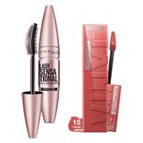 Maybelline New York Lash Sensational Yelpaze Etkili Siyah Maskara + Super Stay Vinyl Ink Uzun Süre Kalıcı Likit Parlak Ruj 15 Peachy