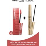 Maybelline New York Super Stay Vinyl Ink Uzun Süre Kalıcı Likit Parlak Ruj 15 Peachy & L'oréal Paris Telescopic Maskara Ikilisi