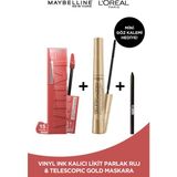 Maybelline New York Super Stay Vinyl Ink Uzun Süre Kalıcı Likit Parlak Ruj 15 Peachy + L'oréal Paris Telescopic Maskara - Siyah + Mny Tat. Liner Gel Pencil Mini