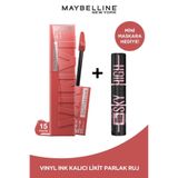 Maybelline New York Super Stay Vinyl Ink Uzun Süre Kalıcı Şeftali Tonlu Likit Ruj 15 Peachy+Sky High Cosmic Mini Maskara
