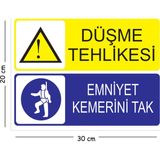 Mayeka Metal Düşme Tehlikesi Emniyet Kemerini Tak 20X30 cm A4 Uyarı Iş Güvenliği Levhası - 20 x 30 cm
