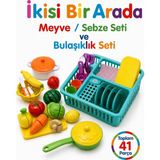 Mayf Dede Çocuklar İçin Bulaşıklık Oyuncak Seti + Kesilebilen Meyve Sebze Evcilik Seti Tabak Seti Cırtlı Toplam 41 Parça Mutfak Seti - Yeşil