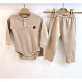 Mayu Baby Collection Kışlık Bebek Bady ve Tayt Takımı - Ikili Takım %100 Doğal Pamuk Penye Bady Bej - 6 - 9 Ay