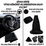 Mazda Cx-9 Uyumlu Siyah Deri Siyah Dikiş Direksiyon Kılıfı ve Vites Körüğü 2'li Set
