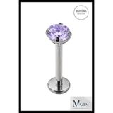 MAZEN 3 mm Lila Taşlı, 6 mm Kısa Barlı, Cerrahi Çelik Piercing Tragus Helix Labret Gümüş Renk