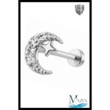 MAZEN Ay Yıldız Taşlı Tragus Piercing | 316L Çelik | Gümüş Renk | Arkası Düz Flat Back