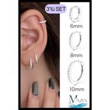 MAZEN Kararmaz Minimal Zirkon Taşlı Halka Piercing Küpe 3’lü Set | 6-8-10 mm | GÜMÜŞ RENK