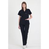 Mazey Uniform Siyah Likralı Viscon V Yaka Fit Kesim Hemşire ve Doktor Scrubs Premium Hastane Üniforma - XS