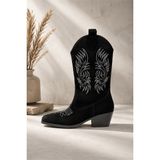M&B COLLECT Kadın Clind Siyah Süet Nakişlii Western Kovboy Bot & Çizme