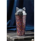 M&B Water Bottle Animals Tasarımlı Pipetli Bardak - 500 ml Plastik Su ve Meşrubat Bardağı - Kedi - Silver