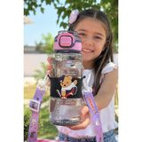 M&B Water Bottle Hello Ayıcık Motifli Pipetli Çocuk Matarası - 800 ml Kilitli Kapaklı Askılı Suluk - Mor