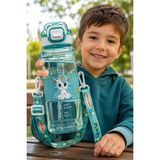 M&B Water Bottle Hello Unicorn Motifli Pipetli Çocuk Matarası - 800 ml Kilitli Kapaklı Askılı Suluk - Mavi
