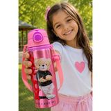 M&B Water Bottle Metal Ayıcık Motifli Pipetli Çocuk Matarası - 600 ml Kilitli Kapaklı Askılı Suluk - Pembe