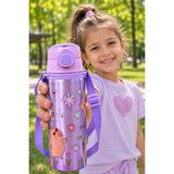 M&B Water Bottle Metal Kapibara Motifli Pipetli Çocuk Matarası - 600 ml Kilitli Kapaklı Askılı Suluk - Mor