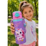M&B Water Bottle Metal Unicorn Motifli Pipetli Çocuk Matarası - 600 ml Kilitli Kapaklı Askılı Suluk - Mor