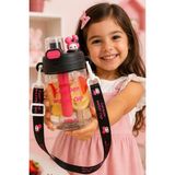 M&B Water Bottle Sevimli Figürlü ve Boyun Askılı Çocuk Matarası - 750 ml Pipetli Okul Suluğu - Siyah