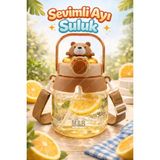 M&B Water Bottle Sevimli Tavşan Figürlü Matara 750 ml - Pipetli Çocuk Suluk, Okul Için Boyun Askılı Suluk - Kahverengi - 1