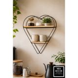 mba decor metal bending art Kalp Tasarımlı 2 Katlı Ahşap Duvar Rafı 4 mm Dolu Tel Siyah Metal Standlı Dekoratif Raf 40x42 cm