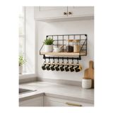mba decor metal bending art Siyah Metal Ahşap Duvar Rafı 35x27x10 cm Mutfak Banyo Askılı Organizer