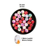 Mbb E-Ticaret 30 Adet 10 mm Polimer Kil Fimo Boncuk Takı Bileklik + 1 Metre Lastikli Misina Hediye - Desenli Yuvarlak
