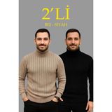 Mbb E-Ticaret Erkek Fitilli Kazak Tam Boğazlı Balıkçı Yaka Triko 2'li Set Bej-Siyah - Çok Renkli