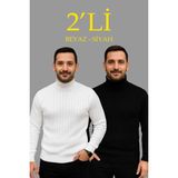 Mbb E-Ticaret Erkek Fitilli Kazak Tam Boğazlı Balıkçı Yaka Triko 2'li Set Beyaz-Siyah - Çok Renkli - 2XL