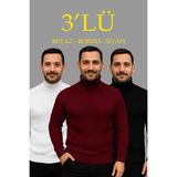 Mbb E-Ticaret Erkek Fitilli Kazak Tam Boğazlı Balıkçı Yaka Triko 3'lü Set Beyaz-Bordo-Siyah - Çok Renkli - 2XL