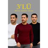 Mbb E-Ticaret Erkek Fitilli Triko Bisiklet Yaka Kalın Kazak 3'lü Set Beyaz-Bordo-Siyah - Çok Renkli - 2XL