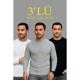 Mbb E-Ticaret Erkek Fitilli Triko Bisiklet Yaka Kalın Kazak 3'lü Set Beyaz-Gri-Siyah - Çok Renkli - 2XL