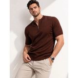 Mbb E-Ticaret Erkek Kısa Kol Fitilli Triko T-Shirt Yazlık Hakim Yaka Tişört - Kahverengi - 2XL