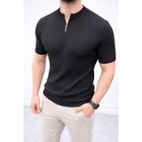 Mbb E-Ticaret Erkek Kısa Kol Fitilli Triko T-Shirt Yazlık Hakim Yaka Tişört - Siyah